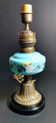 Antique French Light Blue Opaline Glass, Ceramic, and Brass Table Lamp-QRS-578583