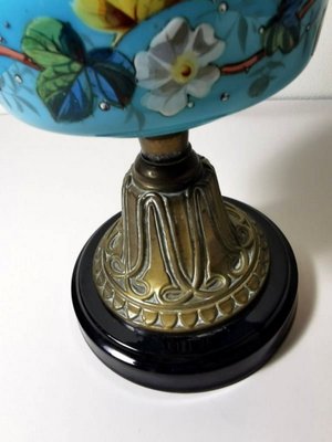 Antique French Light Blue Opaline Glass, Ceramic, and Brass Table Lamp-QRS-578583