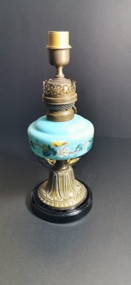 Antique French Light Blue Opaline Glass, Ceramic, and Brass Table Lamp-QRS-578583