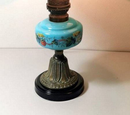 Antique French Light Blue Opaline Glass, Ceramic, and Brass Table Lamp-QRS-578583