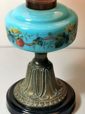 Antique French Light Blue Opaline Glass, Ceramic, and Brass Table Lamp-QRS-578583