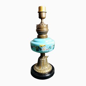 Antique French Light Blue Opaline Glass, Ceramic, and Brass Table Lamp-QRS-578583