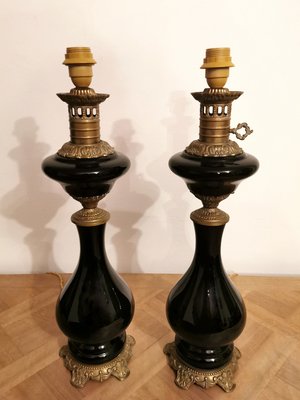 Antique French Opal Glass & Brass Table Lamps, Set of 2-QRS-590786