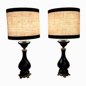 Antique French Opal Glass & Brass Table Lamps, Set of 2-QRS-590786