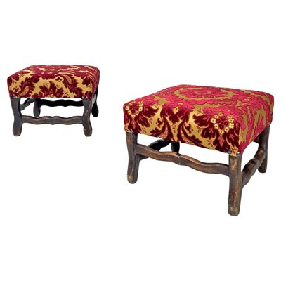 Antique French Poufs in Wood with Yellow and Dark Red Damask Fabric, 1850s, Set of 2-GDD-1784811