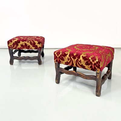 Antique French Poufs in Wood with Yellow and Dark Red Damask Fabric, 1850s, Set of 2-GDD-1784811