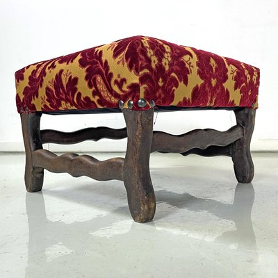 Antique French Poufs in Wood with Yellow and Dark Red Damask Fabric, 1850s, Set of 2-GDD-1784811