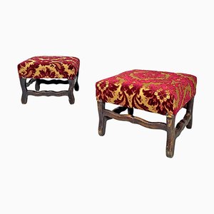 Antique French Poufs in Wood with Yellow and Dark Red Damask Fabric, 1850s, Set of 2-GDD-1784811