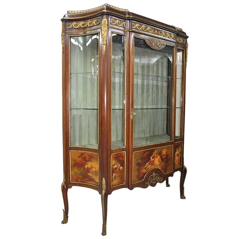 Antique French Show Cabinet with Romantic Landscapes and Bronze Details