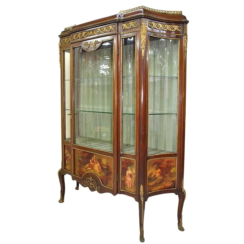 Antique French Show Cabinet with Romantic Landscapes and Bronze Details