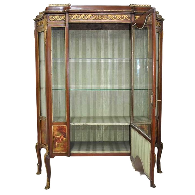 Antique French Show Cabinet with Romantic Landscapes and Bronze Details