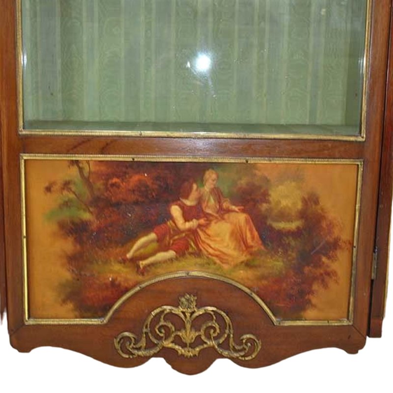 Antique French Show Cabinet with Romantic Landscapes and Bronze Details