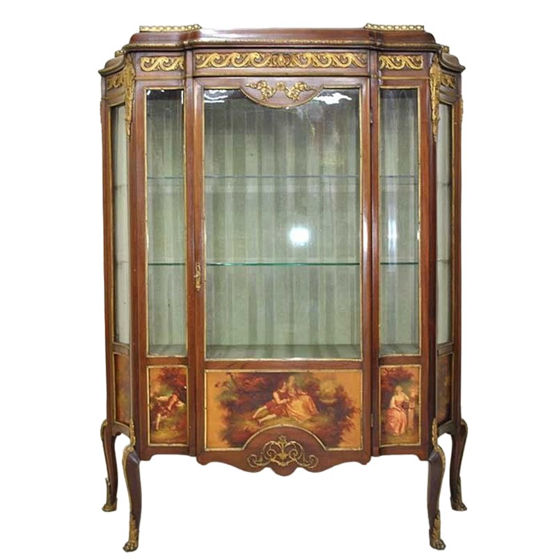 Antique French Show Cabinet with Romantic Landscapes and Bronze Details