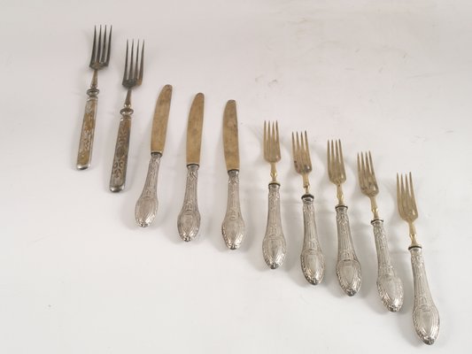 Antique French Silvered Brass Cutlery, 1700s, Set of 10-NJV-884922