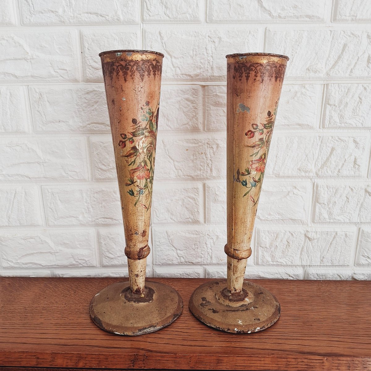 Antique French Toleware Conical Flower Vases, Set of 2