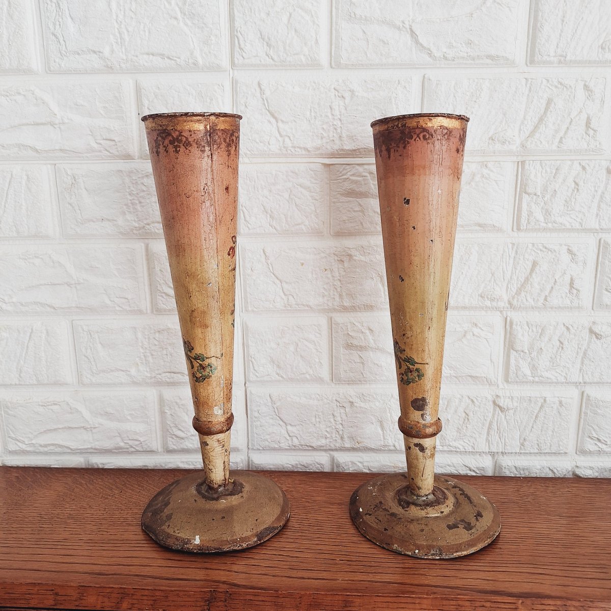 Antique French Toleware Conical Flower Vases, Set of 2