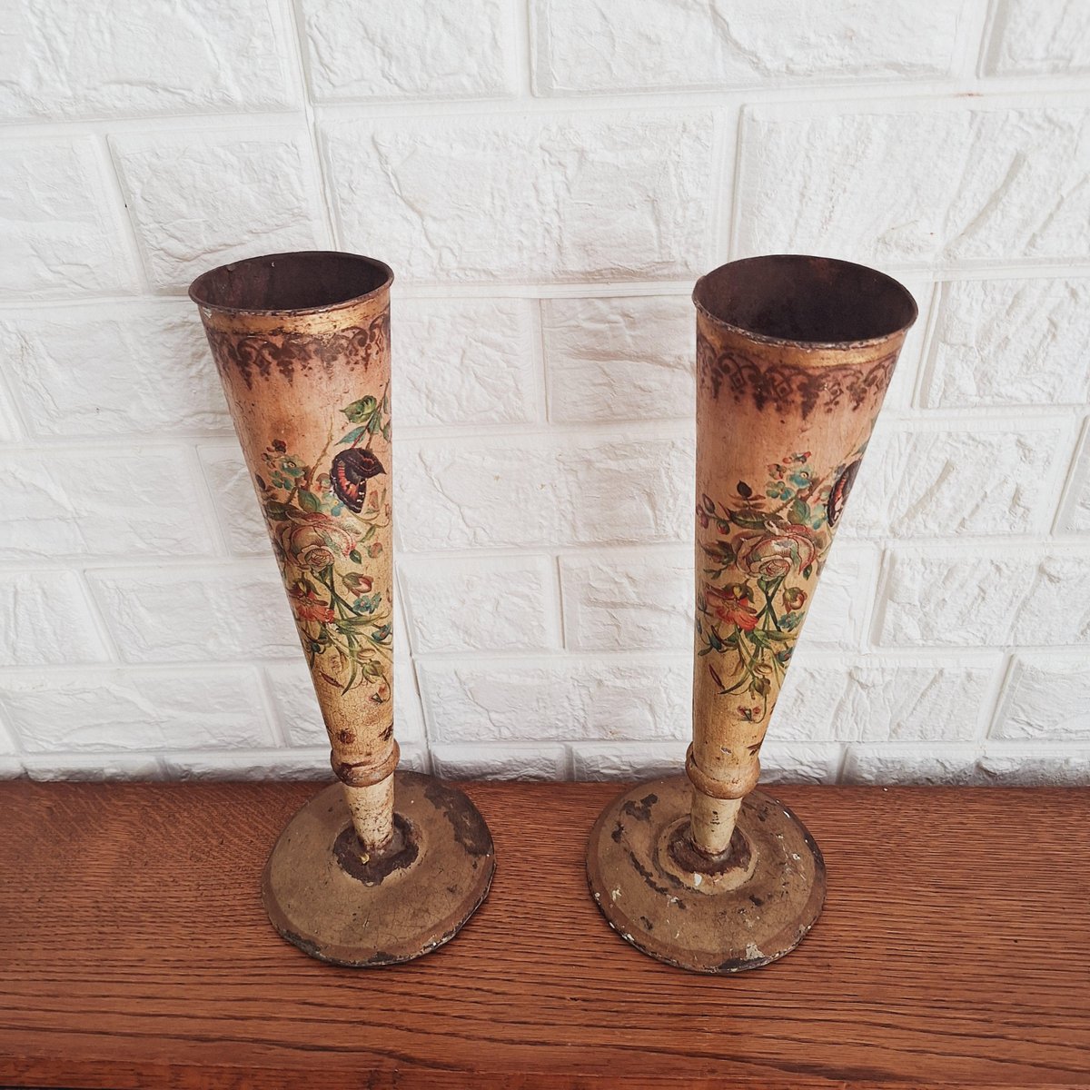 Antique French Toleware Conical Flower Vases, Set of 2