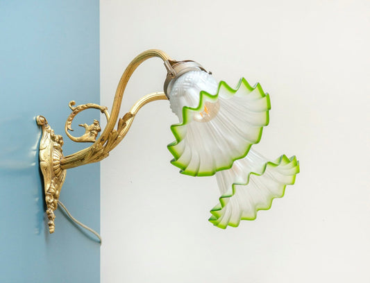 Antique French Wall Lamp with Frilled Glass Shades, France