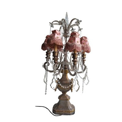 Antique French Wooden and Crystals Table Lamp with Six Lights-TCS-1806372