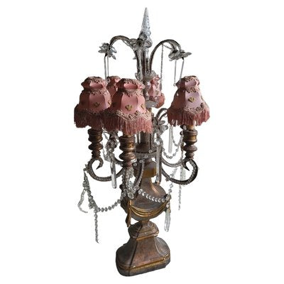 Antique French Wooden and Crystals Table Lamp with Six Lights-TCS-1806372