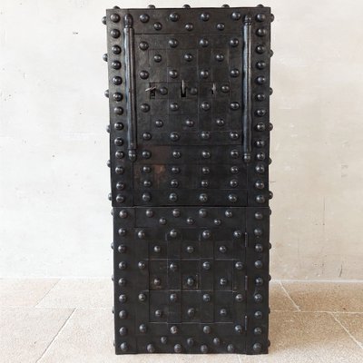 Antique French Wrought Iron Over Wood Hobnail Safe-TDA-1720081