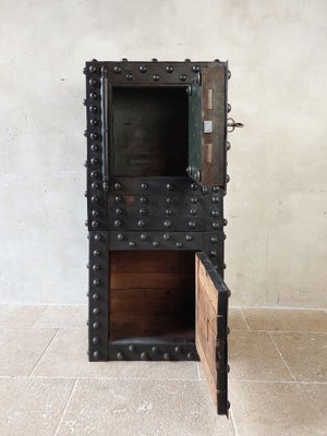 Antique French Wrought Iron Over Wood Hobnail Safe-TDA-1720081