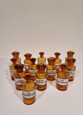 Antique German Amber Glass Apothecary Pharmacy Hand Blown Jars, Set of 13-NQV-1225751