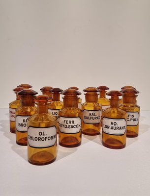 Antique German Amber Glass Apothecary Pharmacy Hand Blown Jars, Set of 13-NQV-1225751