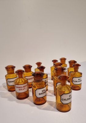 Antique German Amber Glass Apothecary Pharmacy Hand Blown Jars, Set of 13-NQV-1225751