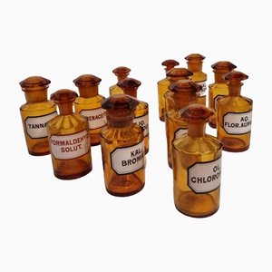 Antique German Amber Glass Apothecary Pharmacy Hand Blown Jars, Set of 13-NQV-1225751