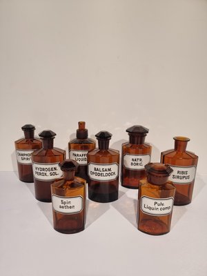 Antique German Apothecary Jars in Amber Glass, Set of 8-NQV-1225603