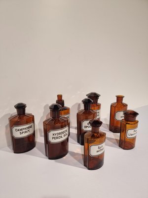 Antique German Apothecary Jars in Amber Glass, Set of 8-NQV-1225603