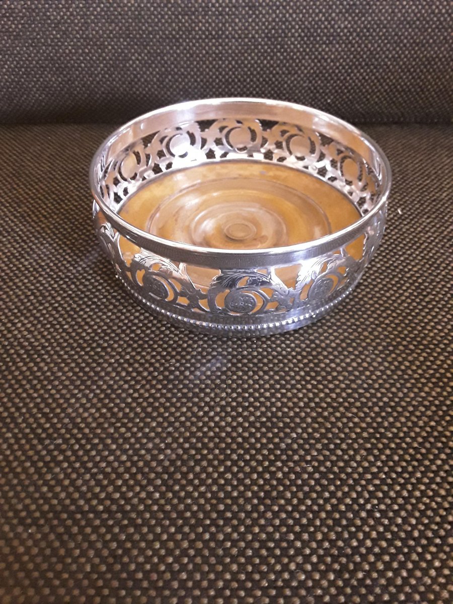 Antique German Bottle Coaster in Openwork Silver-Plated Metal with Turned Maple Base from WMF, 1910s