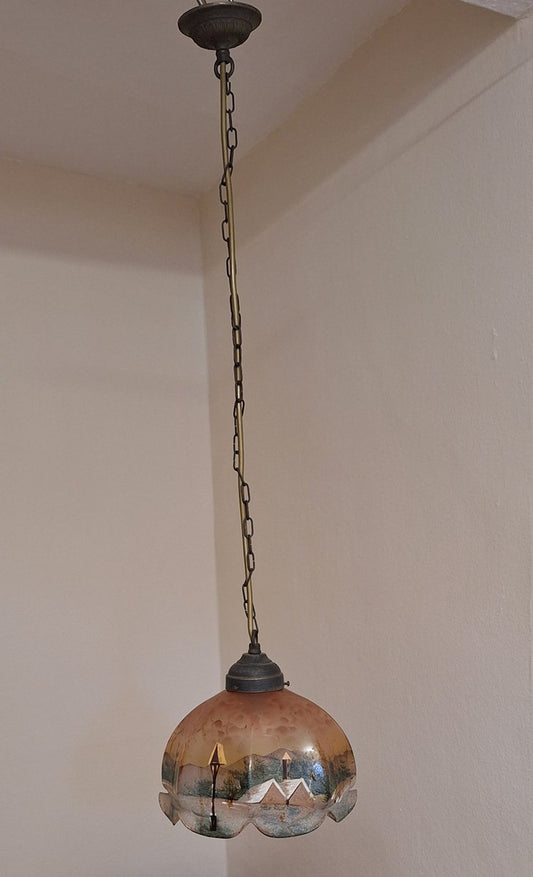 Antique German Ceiling Lamp with a Dome-Shaped Glass Shade, 1920s