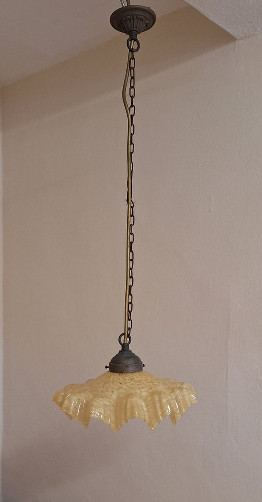 Antique German Ceiling Lamp with Beige Mottled Glass Shade, 1920s