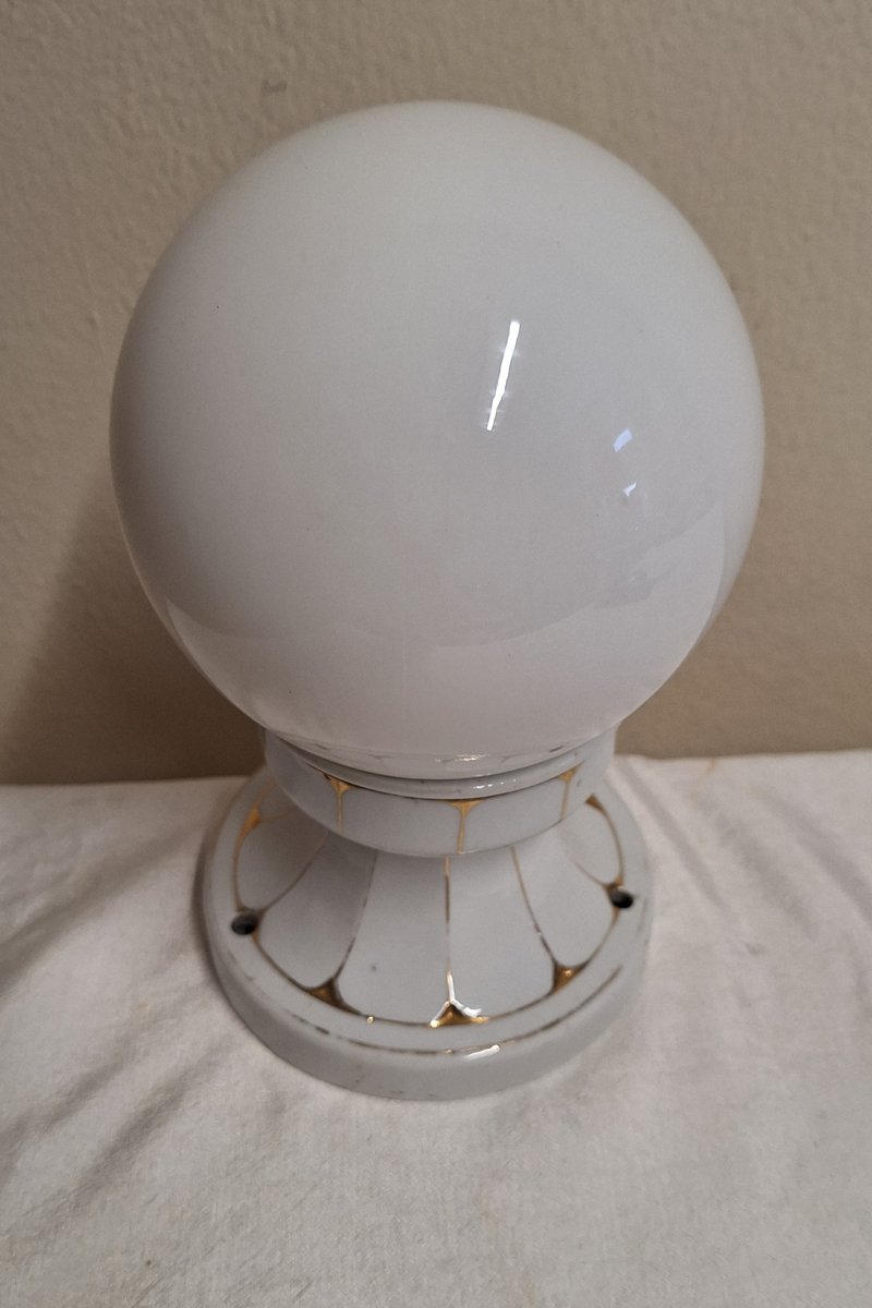 Antique German Ceiling Lamp with White Porcelain Base with Gold Decoration and a White Screw-on Glass Shade, 1920s