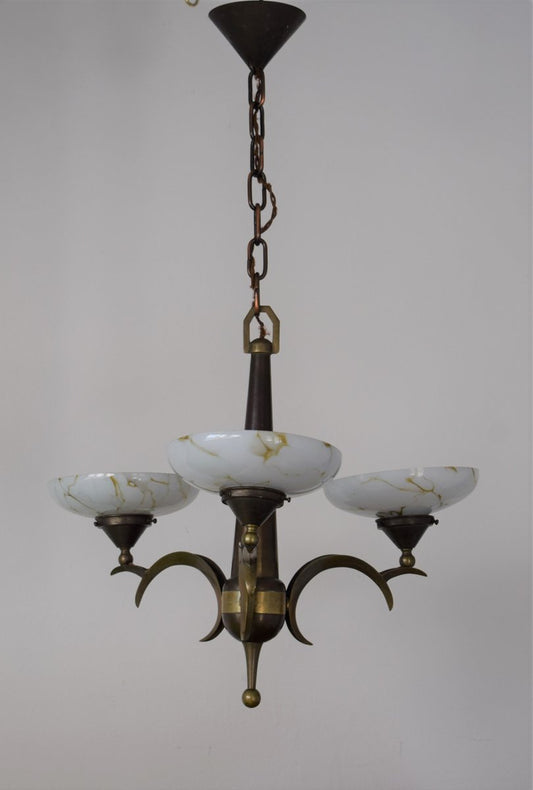 Antique Gilt Brass and Opal Ceiling Lamp by Dagobert Peche