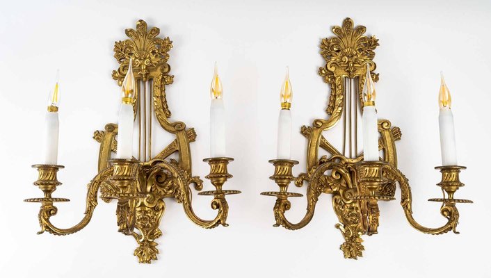 Antique Gilt Bronze Lyre Sconces, Set of 2-WFS-1196709