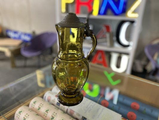 Antique Glass Jug with Tin Lid, 1890s-JO-1067781