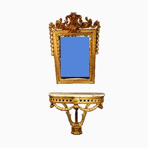 Antique Golden Wood Mirror and Console, Set of 2-WSV-605347