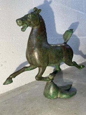 Antique Green Patinated Bronze Statue of the Flying Horse of Ganzu, Early 20th Century-UQL-1724177