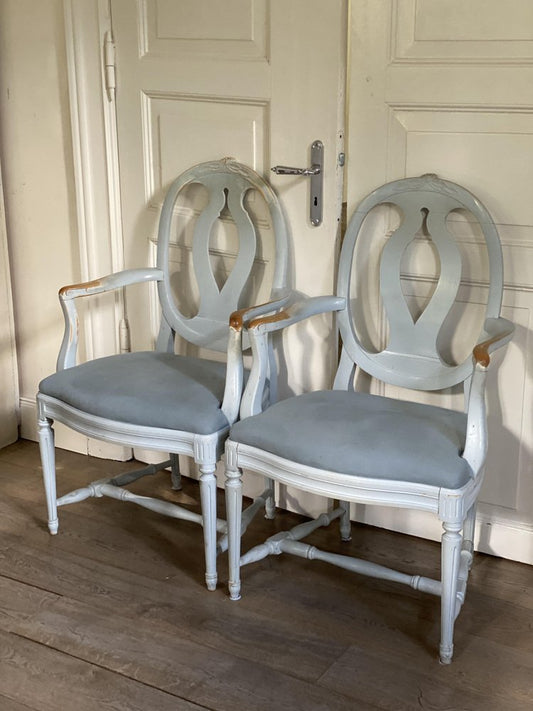 Antique Gustavian White & Upholstered Armchairs, 1890, Set of 2