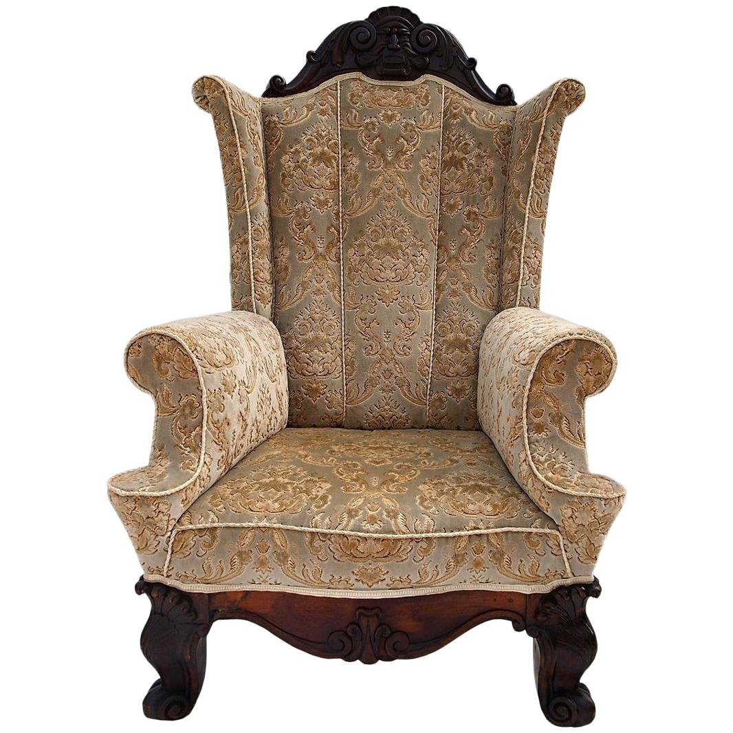 Antique Hand Carved Walnut Wingback Chair, 1840