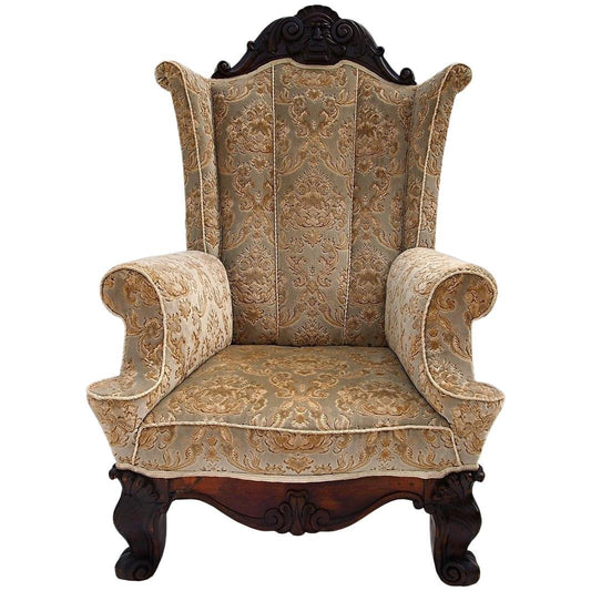 Antique Hand Carved Walnut Wingback Chair, 1840