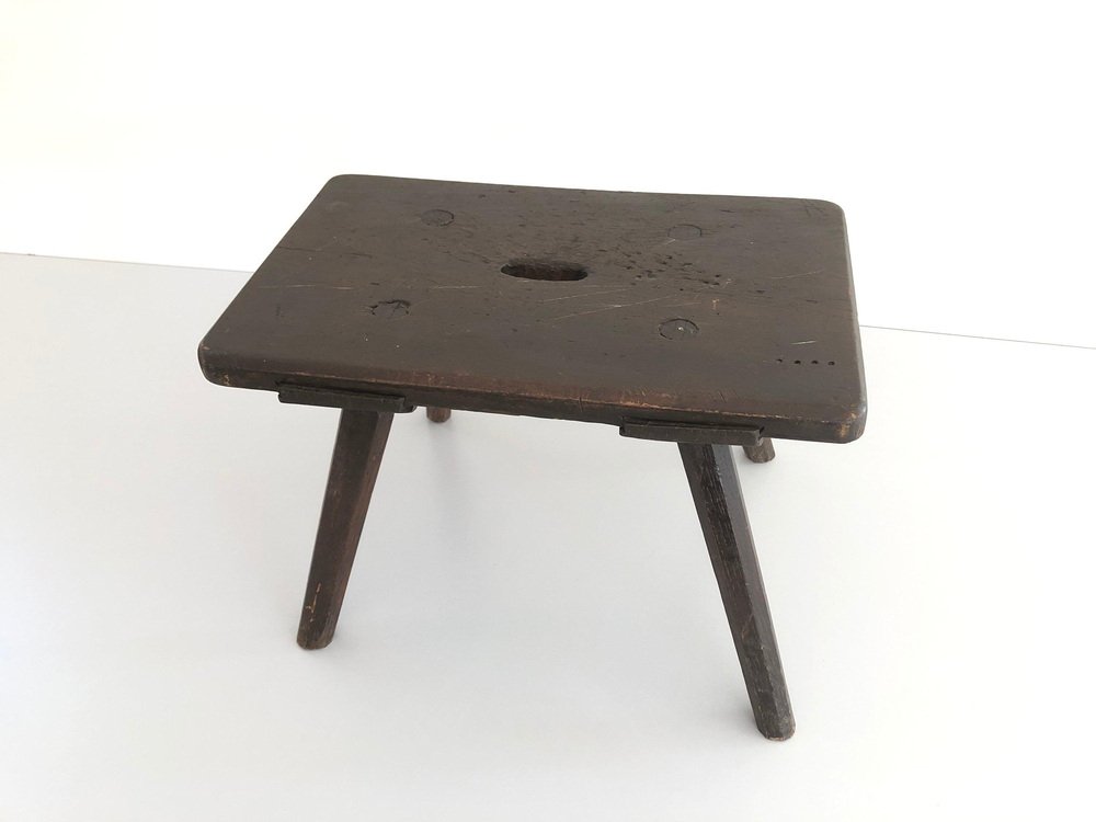 Antique Hand-Crafted Worn Wood Low Stool, 1930s