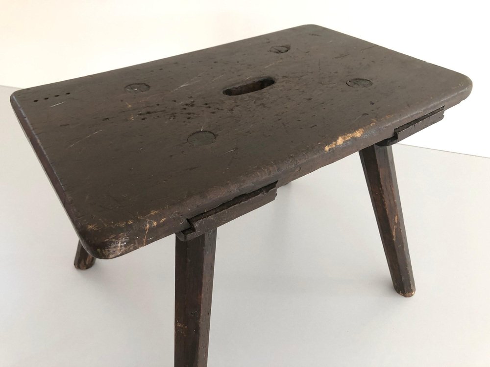 Antique Hand-Crafted Worn Wood Low Stool, 1930s