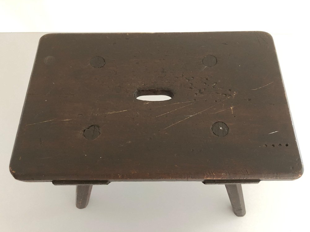 Antique Hand-Crafted Worn Wood Low Stool, 1930s