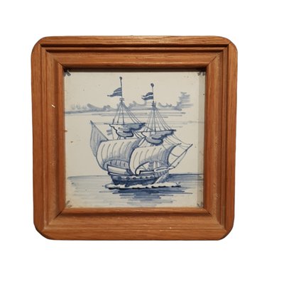 Antique Hand Painted Framed Ship Tile-TCS-1315185