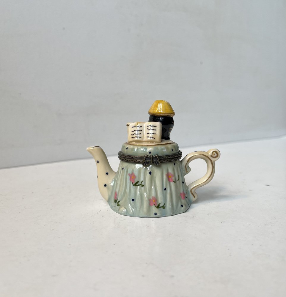 Antique Hand-Painted Porcelain Teapot Trinket with Black Reader