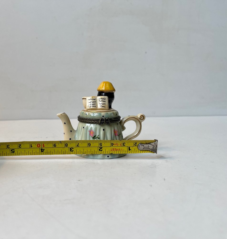 Antique Hand-Painted Porcelain Teapot Trinket with Black Reader